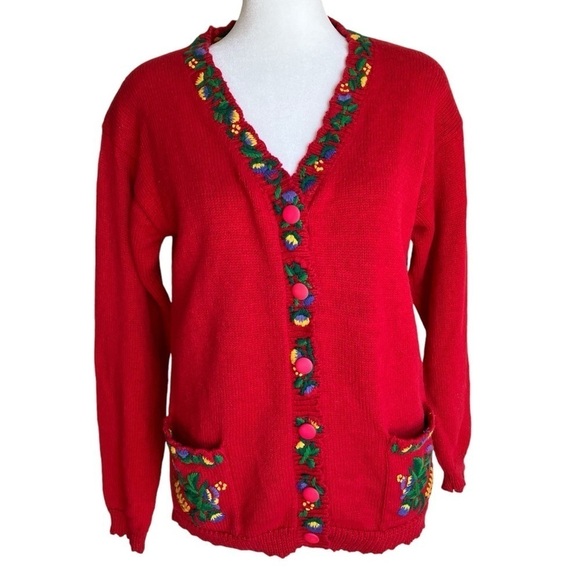 Vintage 90s Heavily Embroidered Floral Cardigan Folk Art Cottagcore Prairie S - Picture 3 of 16